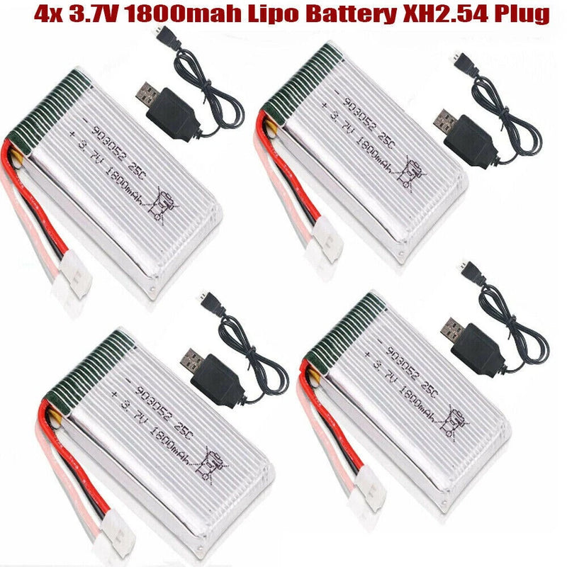 Set of four 3.7V 1800mAh RC LiPo batteries with XH2.54 plug and black JST leads