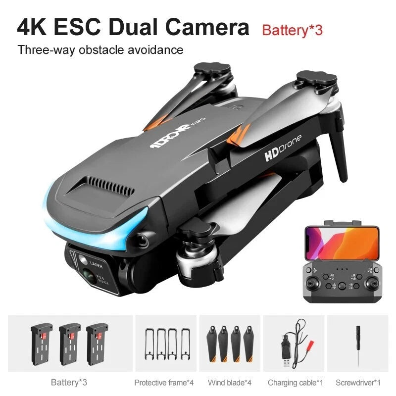 Gray dual-lens 4K drone with foldable arms, visible camera and controller display