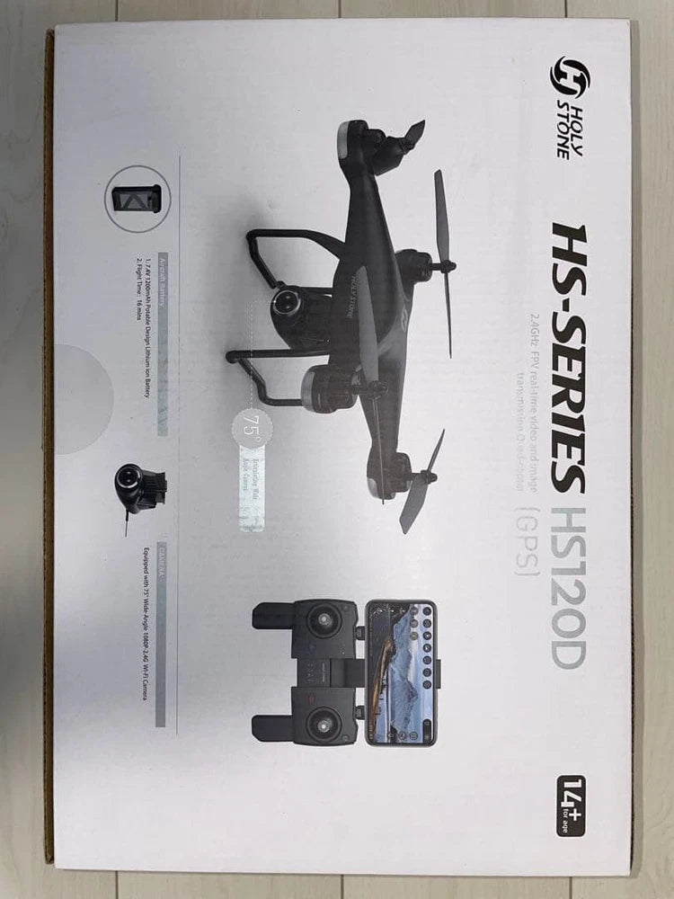 GPS drone with camera product box, showing quadcopter and accessories illustration
