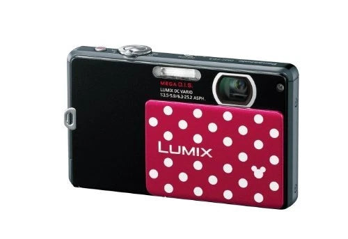 Black compact digital camera with front lens and pink polka-dot LUMIX Disney panel