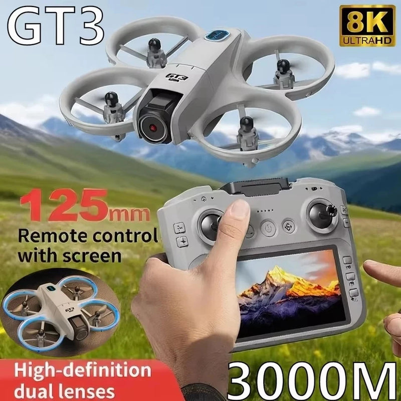 RC quadcopter drone with gray body and handheld controller with built-in screen