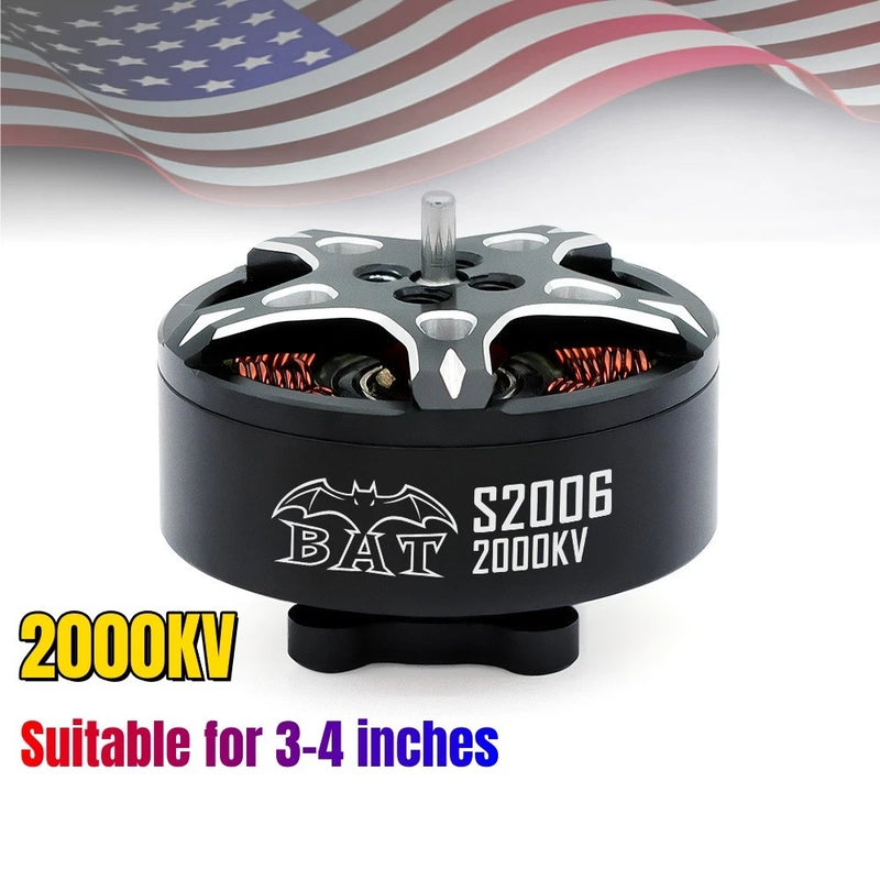 Black brushless drone motor, S2006 2000KV, BAT logo, with mounting arms and shaft