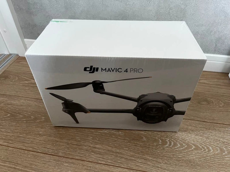DJI Mavic 4 Pro drone retail box with drone and 4 Pro logo