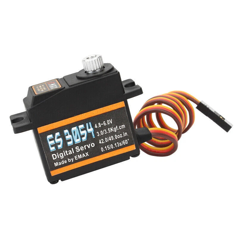 Digital RC metal gear servo with orange/black wiring and mounting tabs, compact black body