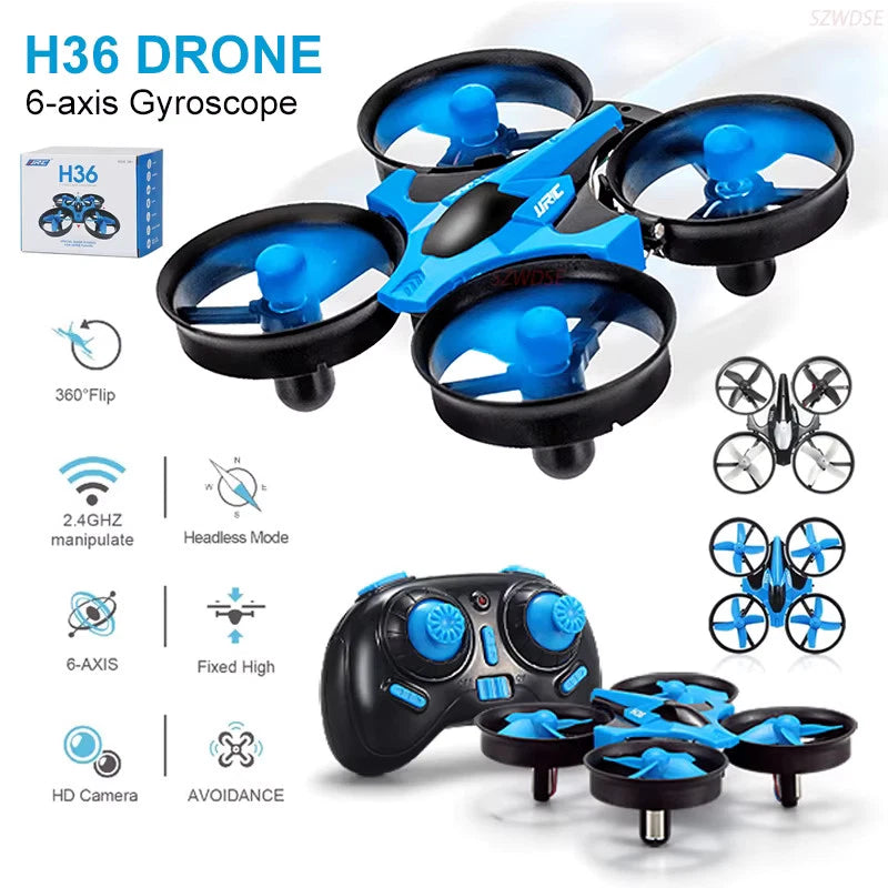 Blue and black mini quadcopter drone with 4 propellers and handheld controller