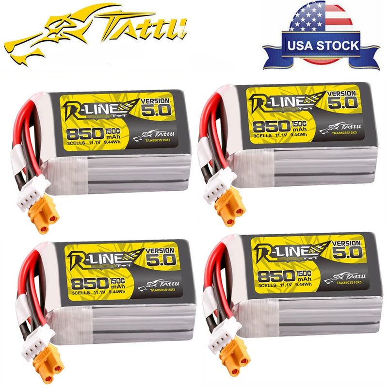 4X Tattu R-Line 850mAh 11.1V 150C 3S Lipo Battery XT30U-F Plug For RC FPV Drone