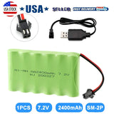 7.2V 2400mAh Ni-MH Battery Pack SM-2P 2Pin Plug USB Charger For RC Car Vehicles