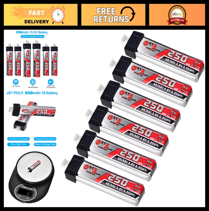 6PCS 250mAh 1S LiHV 3.8V 30C/60C JST-PH2.0 LiPo Battery for FPV Racing Drone Battery