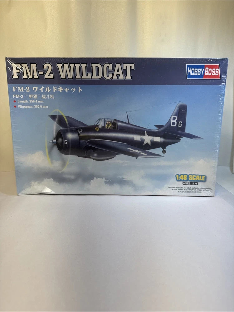 HobbyBoss 1:48 plastic model kit box with FM-2 Wildcat aircraft artwork