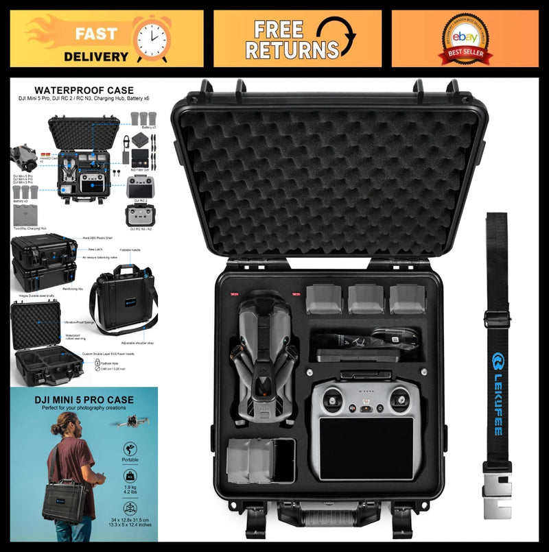 Black waterproof hard drone case with molded foam insert, open with accessory compartments