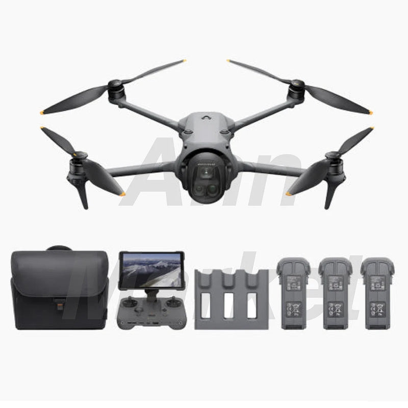 Folding drone with four propellers and controller, plus carrying case and batteries set