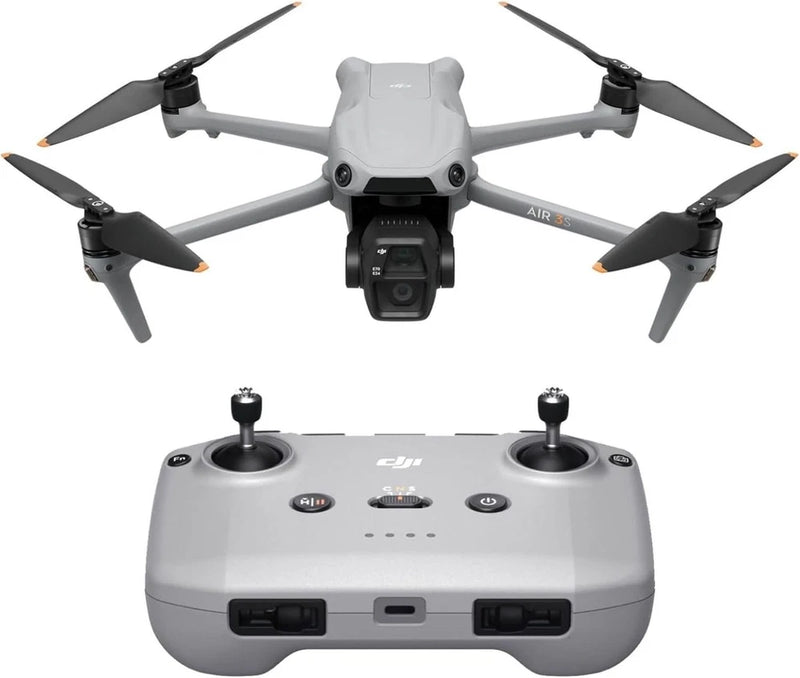 DJI Air 3S drone with gray controller and four folding propellers