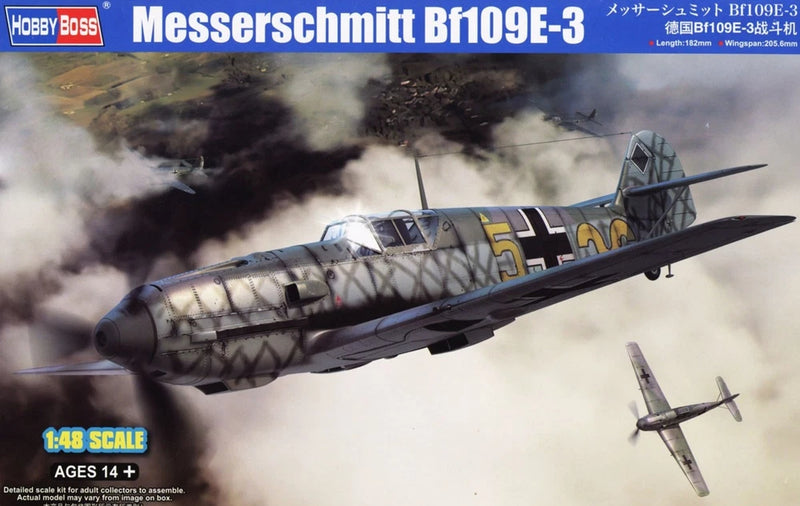Hobbyboss 1:48 Bf109E-3 fighter plane model kit with gray and camo finish