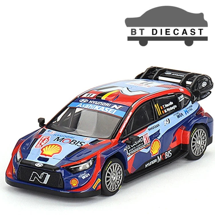1/64 scale rally diecast car with blue red white livery, front three-quarter view