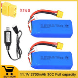 11.1V 2700mAh blue LiPo battery pack with XT60 connector and red/black wires