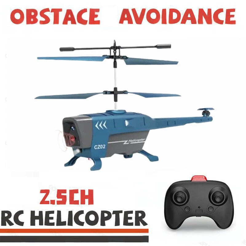 RC helicopter drone with blue body, mounted light panel and remote controller