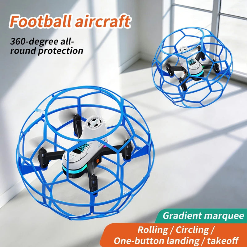Blue and white crash-resistant soccer training drone with protective cage and four propellers