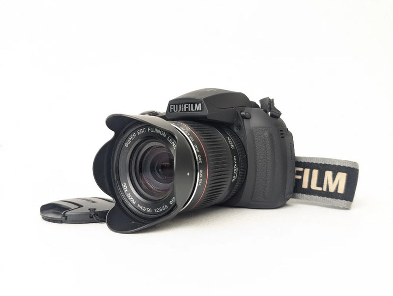 Black Fujifilm FinePix HS20 EXR digital camera with 24-720mm lens and wrist strap