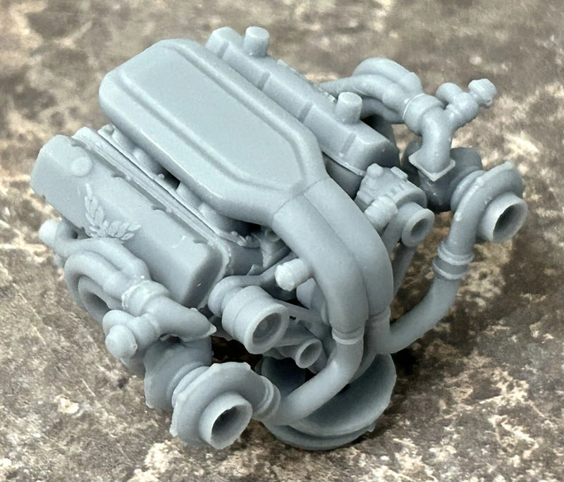 Resin model big block engine with turbo piping, light gray