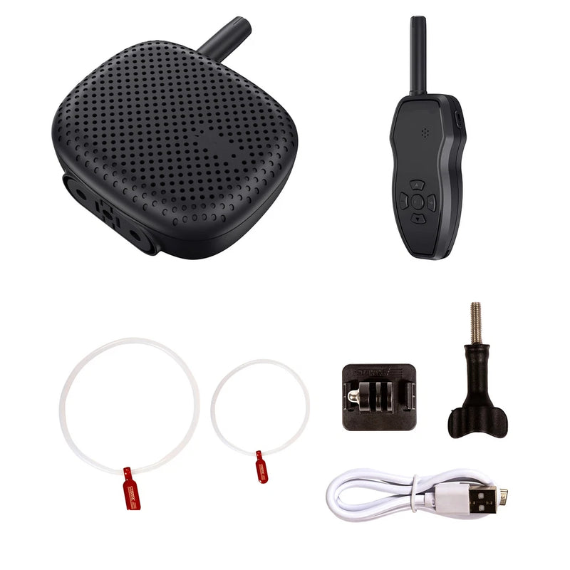 Black drone speaker megaphone with antenna and handheld remote, plus cable and charger