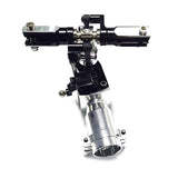 Metal tail rotor gearbox with black linkage and mounting bracket, silver housing