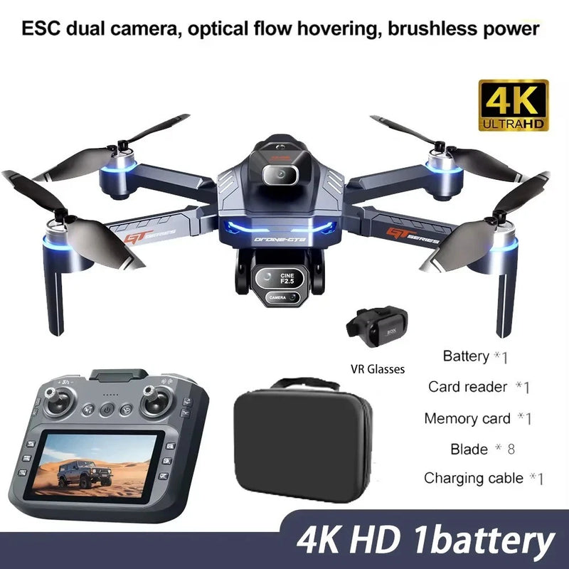 Foldable quadcopter drone with 4K camera, controller screen, and battery pack