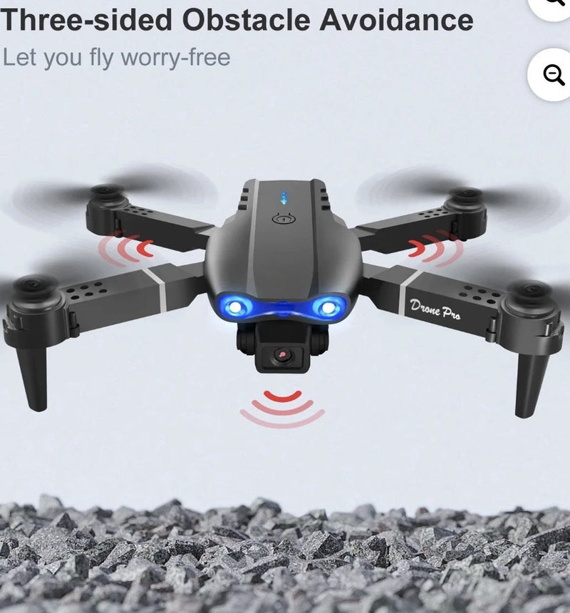 Gray quadcopter drone with dual front camera, blue LED lights and four propellers