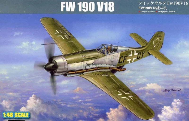 Hobbyboss FW 190 V18 1:48 model airplane kit, green and silver with markings