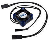 NHX RC cooling fan with blue aluminum case and black wiring harness