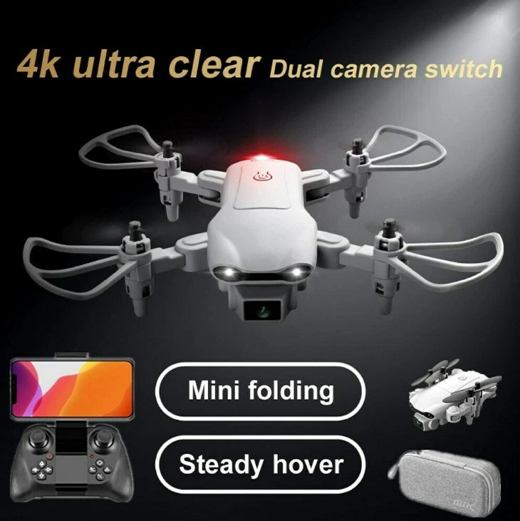 White foldable quadcopter drone with dual cameras and front light