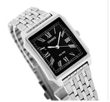 Men's Casio square quartz watch with black dial and silver metal link bracelet
