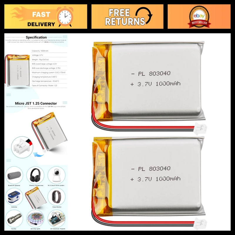 1000mAh 3.7V LiPo Battery Pack with PCM Protection, Micro JST Connector - 2 Pack Battery