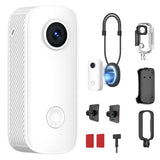 SJCAM C100 PRO action camera with white body, lens on front, plus visible mounts and case