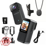 Black body action camera with lens, flip screen, mounting clips, and USB cable