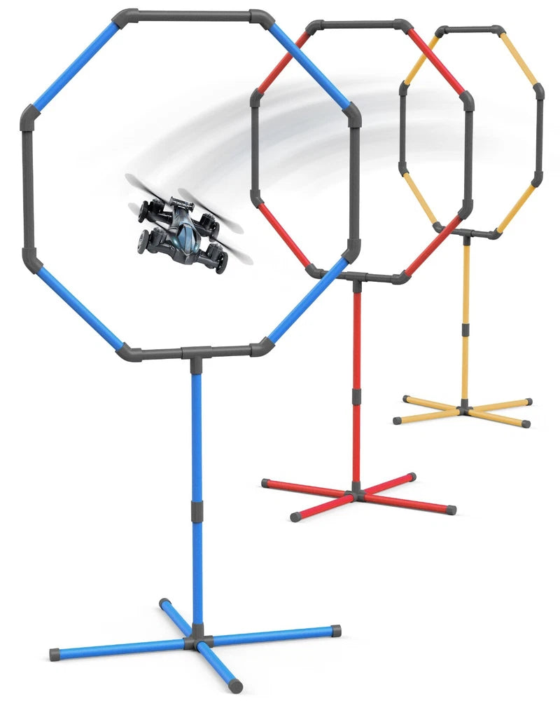 Kids drone obstacle course with three colorful hoops and metal stakes, plus stand base