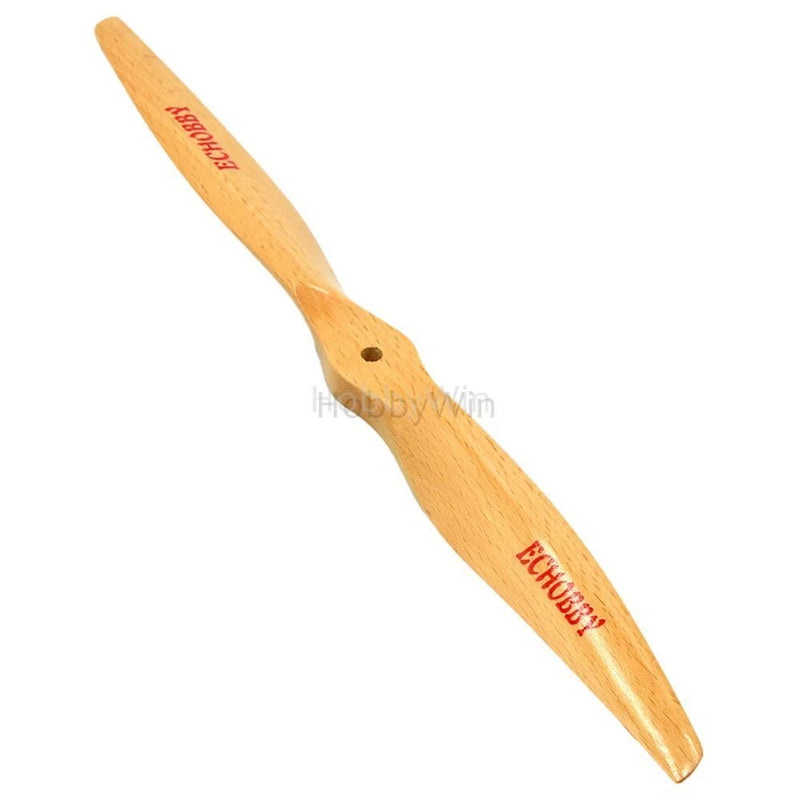 Wooden RC propeller blade with central mounting hole and printed markings