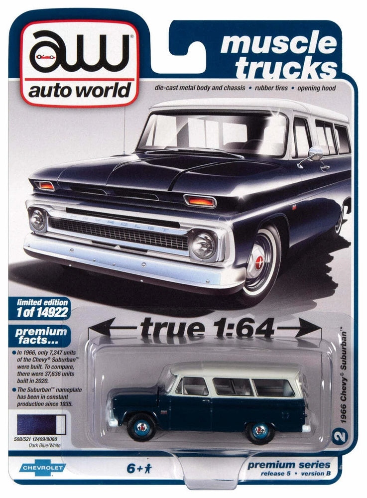 Auto World 1966 Chevrolet Suburban Blue Two Tone 1/64 Diecast Model Car AWSP091B