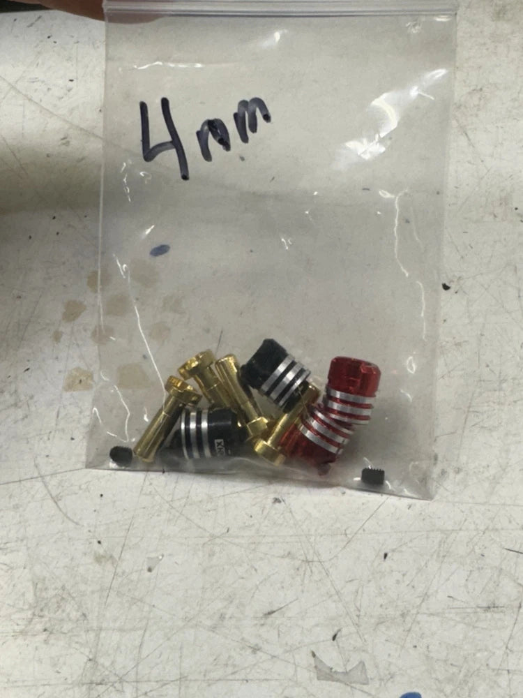 4mm lipo battery bullet connectors set in clear bag, red, black, and gold contacts