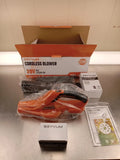 Seyvum cordless blower kit with orange and black hand blower, battery and manual