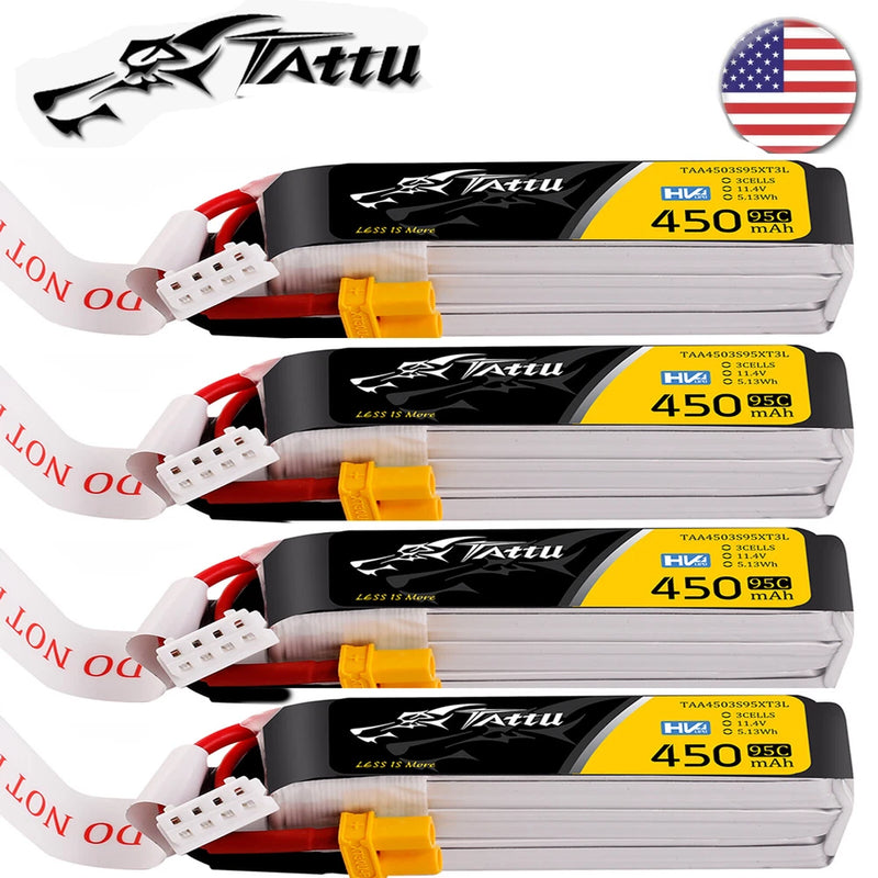4X Tattu 450mAh 95C 11.4V 3S Lipo Battery HV XT30 Plug Long For FPV RC Drone US Battery