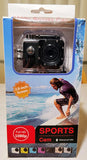 Black waterproof action camera in retail box, 2-inch screen shown in packaging