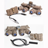 Tan dual night vision goggles with helmet mount, battery case, and connecting cables