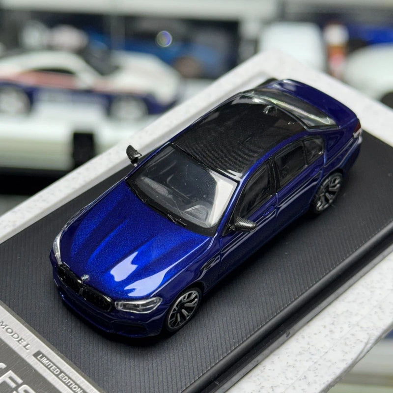 MJ 1/64 alloy car model, blue M5 F90, limited edition, front 3/4 on display base