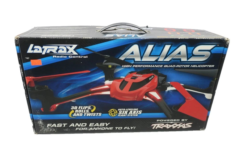 Orange quad-rotor RC helicopter drone in retail box