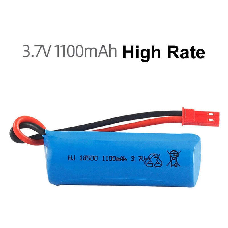 3.7V LiPo RC battery pack with blue case, red/black leads, JST plug