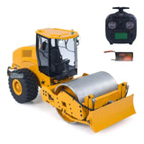 Yellow RC road roller model with metal drum, hydraulic detail, includes controller