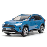 Blue RAV4 diecast SUV model car, front three-quarter view, metal toy with wheels