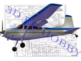 Cessna 180 RC airplane model with blue and purple markings and tricycle landing gear