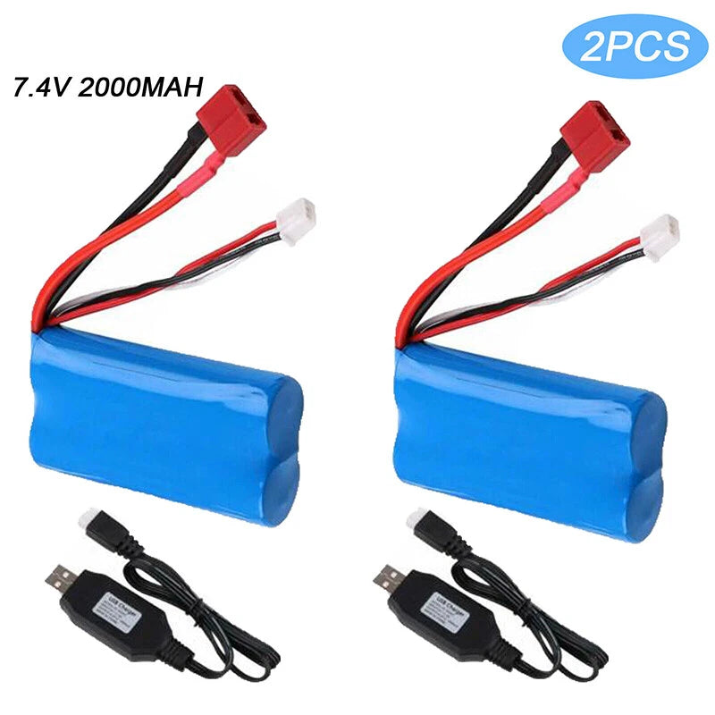 2x Lipo Battery 7.4V 2000mAh 2s T Plug Deans Connector + USB Charger for RC Car