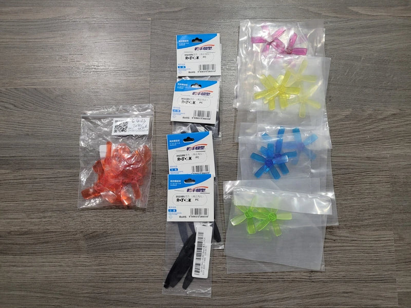 RC drone propeller blade lot, multicolor bi/tri/5-blade sets in clear bags